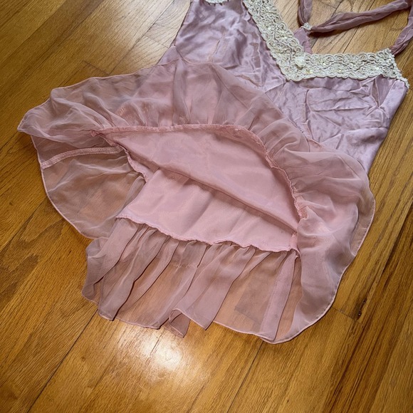 Vintage Dentelle Slip Dress L Pink Satin Lace Ruffle Hem Chemise‎ USA Lingerie - Picture 7 of 12